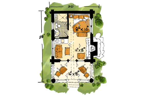 Floor Plan - Main Floor for Log House Plan #942-44 - 1 bed, 1 bath