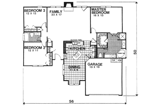 Floor Plan - Main Floor for Country House Plan #30-155 - 3 bed, 2 bath