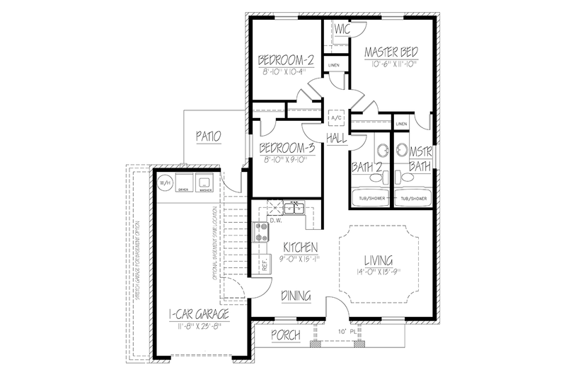 House Blueprint - Floor Plan - Main Floor for Ranch House Plan #1061-28 - 3 bed, 2 bath