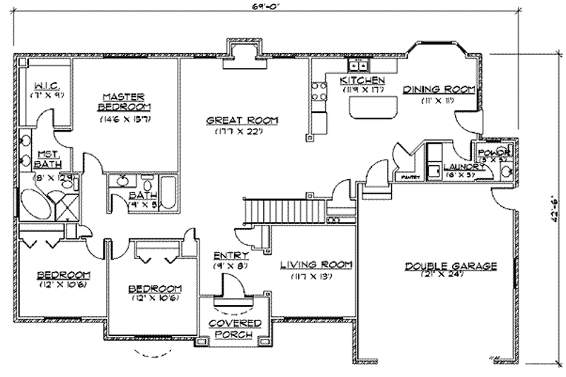 Dream House Plan - Floor Plan - Main Floor for Ranch House Plan #5-126 - 3 bed, 2.5 bath
