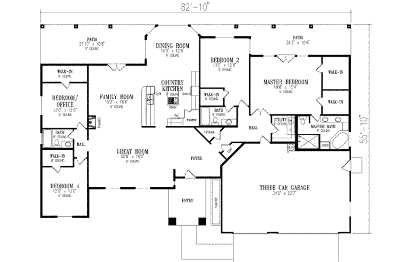 Architectural House Design - Floor Plan - Main Floor for Adobe / Southwestern House Plan #1-678 - 4 bed, 3 bath
