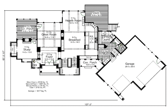 European style house plan, main floor plan