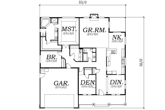 Floor Plan - Main Floor for Craftsman House Plan #130-101 - 2 bed, 2 bath
