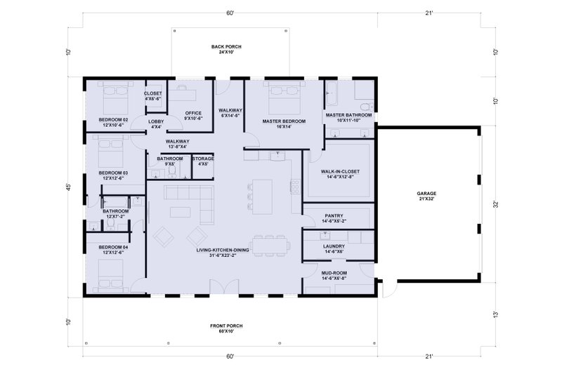 House Design - Floor Plan - Main Floor for Barndominium House Plan #1107-5 - 4 bed, 3 bath