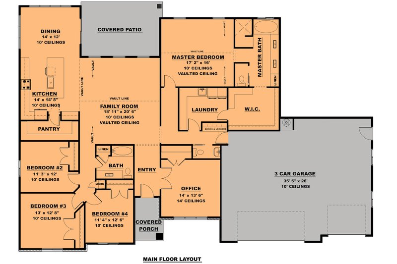 House Plan Design - Floor Plan - Main Floor for Ranch House Plan #1111-5 - 4 bed, 2.5 bath