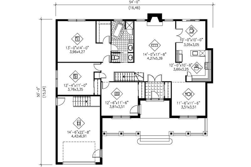 Architectural House Design - Floor Plan - Main Floor for Country House Plan #25-1011 - 2 bed, 1 bath