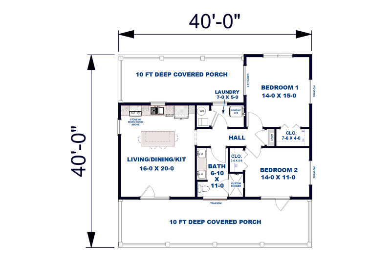House Blueprint - Floor Plan - Main Floor for Farmhouse House Plan #44-288 - 2 bed, 1 bath