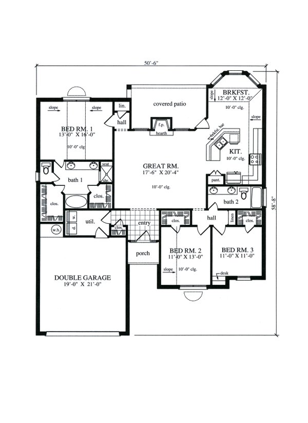 Floor Plan - Main Floor for Traditional House Plan #42-383 - 3 bed, 2 bath