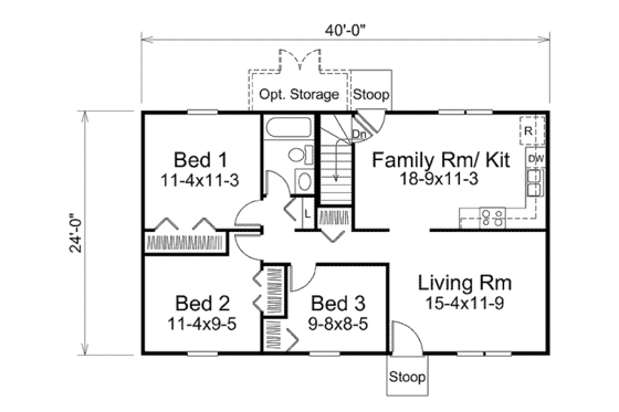 Floor Plan - Main Floor for Ranch House Plan #57-465 - 3 bed, 1 bath