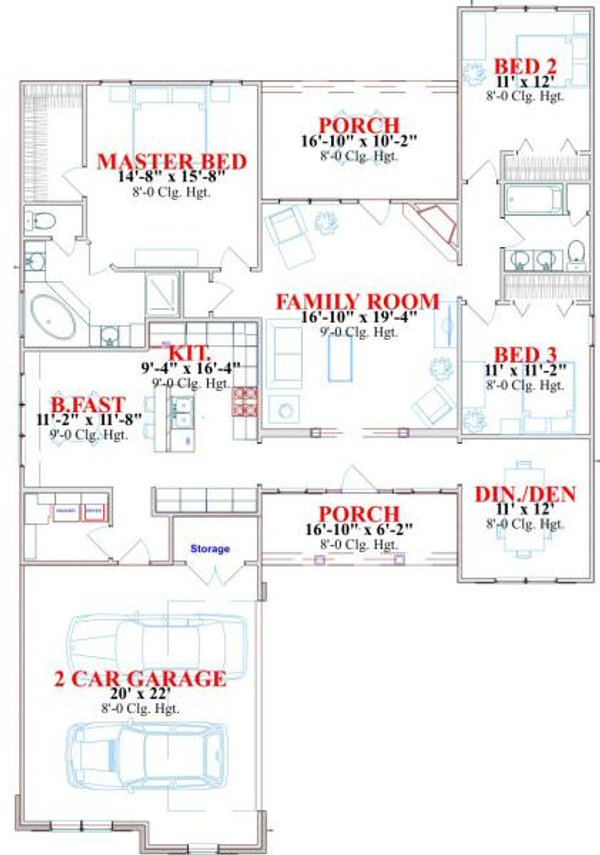 Floor Plan - Main Floor for Traditional House Plan #63-160 - 3 bed, 2 bath