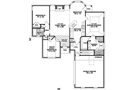 Floor Plan - Main Floor for Colonial House Plan #81-513 - 2 bed, 2 bath