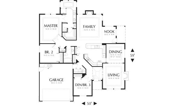 Floor Plan - Main Floor for Ranch House Plan #48-592 - 3 bed, 2 bath