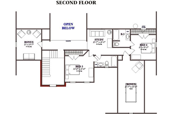 Floor Plan - Upper Floor for Traditional House Plan #63-350 - 4 bed, 4.5 bath