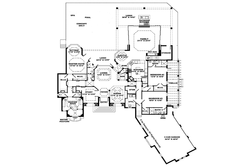 Dream House Plan - Floor Plan - Main Floor for Mediterranean House Plan #1017-40 - 4 bed, 5 bath