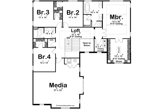 Floor Plan - Upper Floor for Traditional House Plan #455-557 - 5 bed, 3.5 bath