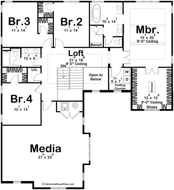 Traditional Floor Plan - Upper Floor Plan #455-557