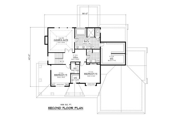 Traditional style house plan, upper level floor plan