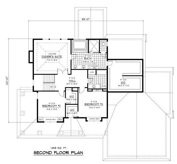 Traditional style house plan, upper level floor plan