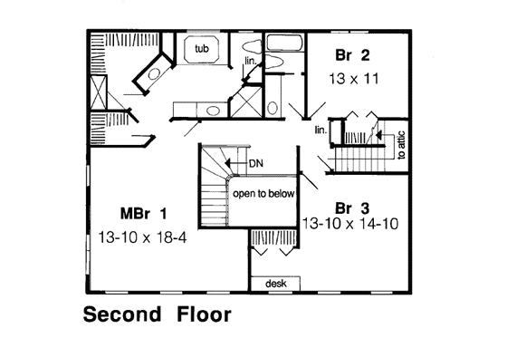 Floor Plan - Upper Floor for Colonial House Plan #312-579 - 3 bed, 2.5 bath