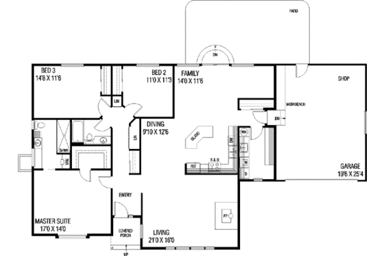 Floor Plan - Main Floor for Bungalow House Plan #60-397 - 3 bed, 2 bath