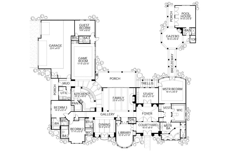 House Blueprint - Floor Plan - Main Floor for Mediterranean House Plan #80-124 - 4 bed, 4.5 bath