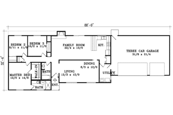 Floor Plan - Main Floor for Ranch House Plan #1-1285 - 3 bed, 2 bath