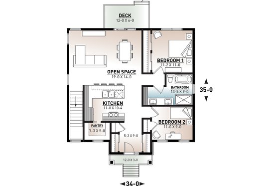 Floor Plan - Main Floor for Bungalow House Plan #23-2803 - 2 bed, 1 bath