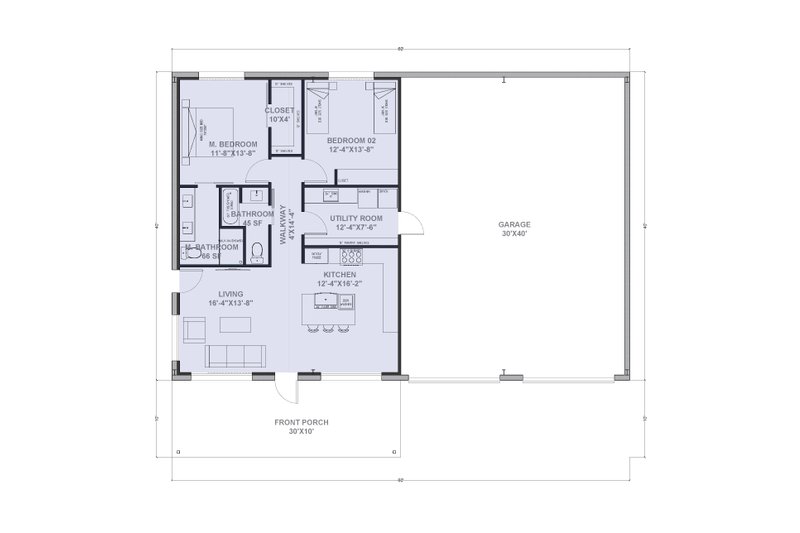 Architectural House Design - Floor Plan - Main Floor for Barndominium House Plan #1107-2 - 2 bed, 2 bath