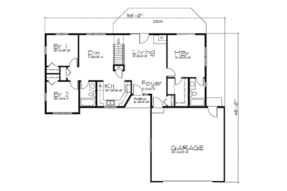 Floor Plan - Main Floor for Ranch House Plan #57-281 - 3 bed, 2 bath