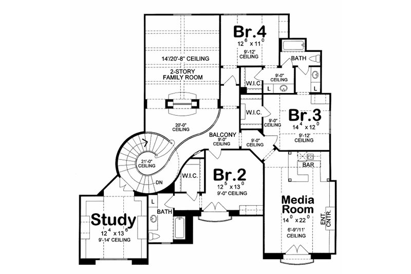 House Blueprint - Floor Plan - Upper Floor for European House Plan #20-2160 - 4 bed, 5 bath