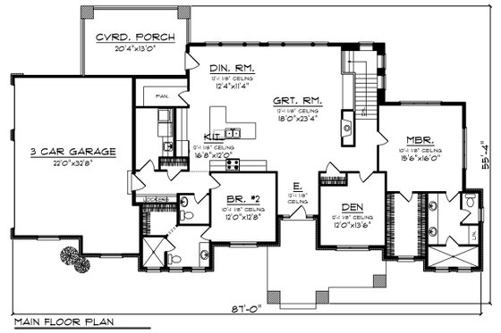 Floor Plan - Main Floor for Ranch House Plan #70-1422 - 2 bed, 2.5 bath