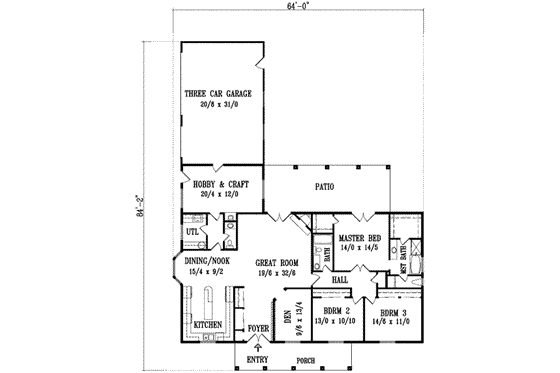 Floor Plan - Main Floor for Southern House Plan #1-1083 - 3 bed, 2.5 bath