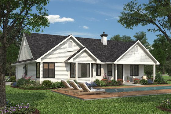 Exterior - Rear Elevation 1 for Ranch House Plan #18-1057 - 3 bed, 2 bath