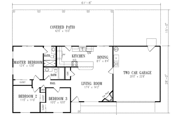 Floor Plan - Main Floor for Ranch House Plan #1-166 - 3 bed, 2 bath