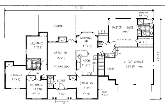 Floor Plan - Main Floor for Ranch House Plan #3-153 - 4 bed, 2.5 bath