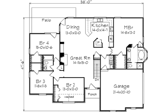 Floor Plan - Main Floor for European House Plan #57-137 - 4 bed, 2 bath