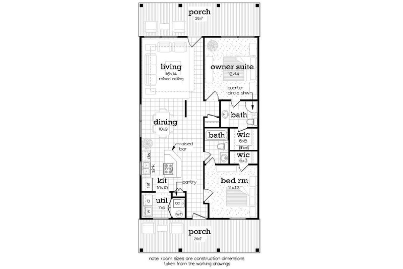 House Blueprint - Floor Plan - Main Floor for Cottage House Plan #45-616 - 2 bed, 2 bath