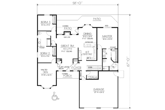 Floor Plan - Main Floor for Ranch House Plan #100-466 - 3 bed, 2 bath