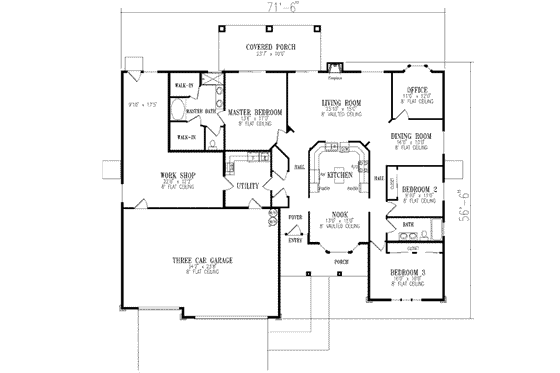 Floor Plan - Main Floor for Mediterranean House Plan #1-652 - 3 bed, 2 bath