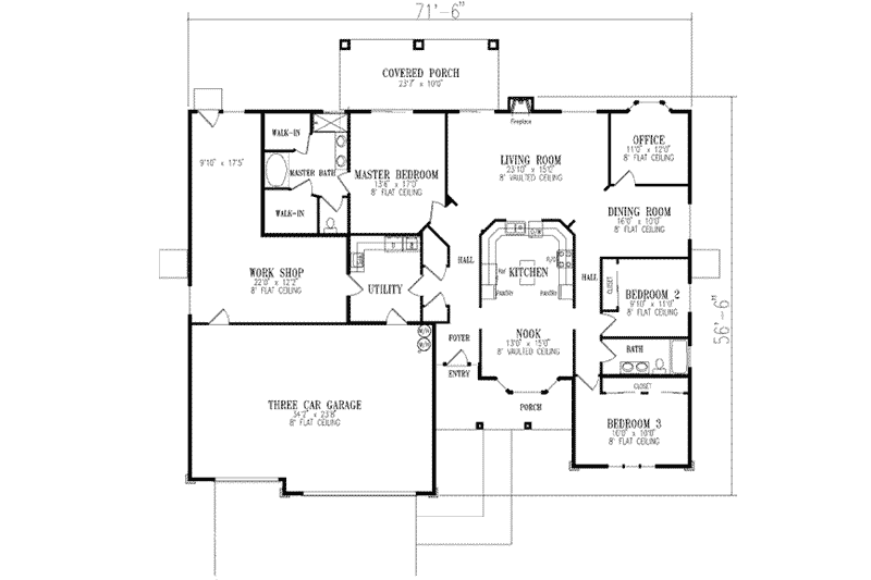 Architectural House Design - Floor Plan - Main Floor for Mediterranean House Plan #1-652 - 3 bed, 2 bath