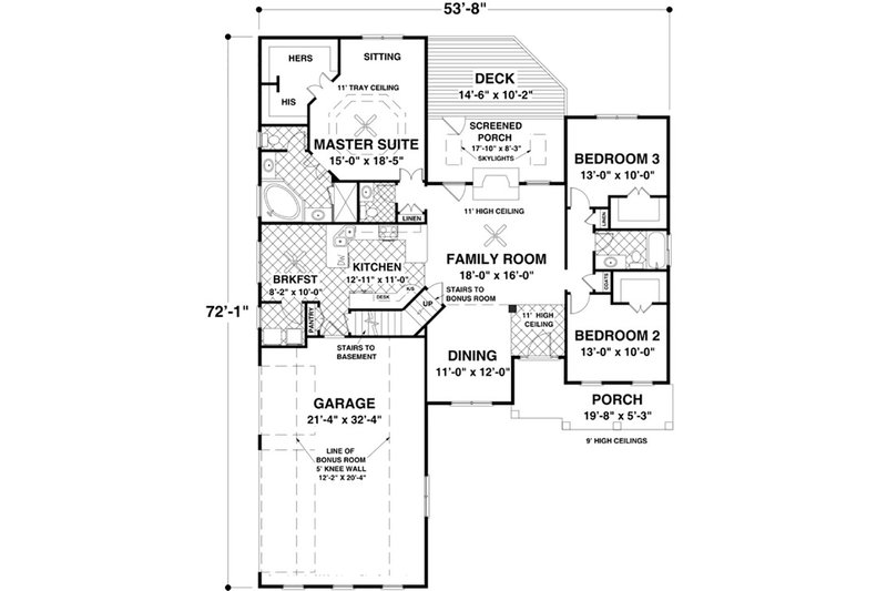 House Blueprint - Floor Plan - Main Floor for Craftsman House Plan #56-631 - 3 bed, 2 bath