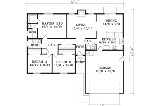 Floor Plan - Main Floor for Ranch House Plan #1-1241 - 3 bed, 2 bath