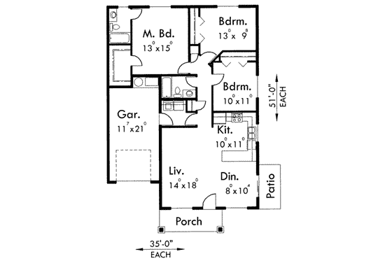 Floor Plan - Main Floor for Craftsman House Plan #303-402 - 3 bed, 2 bath