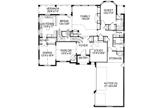Floor Plan - Main Floor for European House Plan #141-151 - 4 bed, 3.5 bath