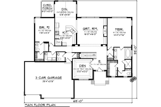 Floor Plan - Main Floor for Ranch House Plan #70-1085 - 2 bed, 2.5 bath
