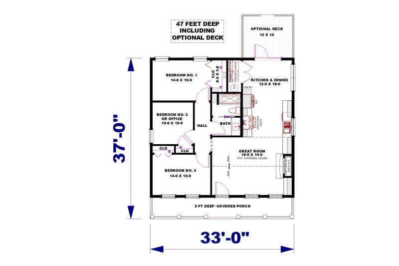 House Blueprint - Floor Plan - Main Floor for Cottage House Plan #44-302 - 3 bed, 1 bath