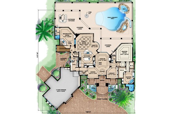 Floor Plan - Main Floor for Mediterranean House Plan #27-430 - 4 bed, 4.5 bath
