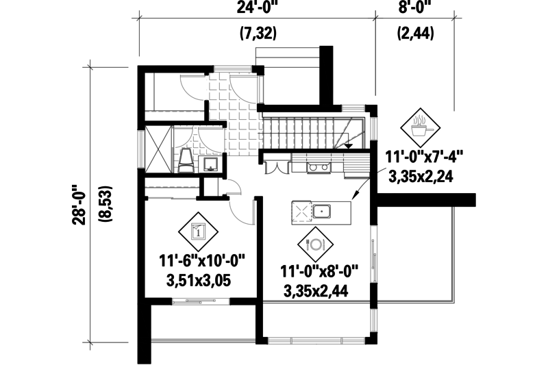 Architectural House Design - Floor Plan - Main Floor for Contemporary House Plan #25-4585 - 2 bed, 1 bath