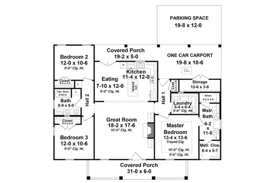 Floor Plan - Main Floor for Ranch House Plan #21-450 - 3 bed, 2 bath