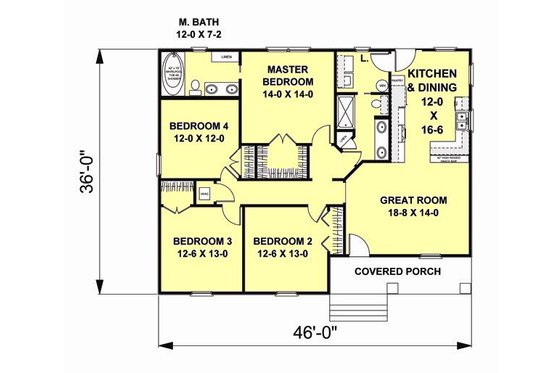 Floor Plan - Main Floor for Craftsman House Plan #44-180 - 4 bed, 2 bath